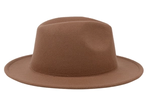 Close-up of the smooth felt texture and flat brim of a classic brown wool fedora hat