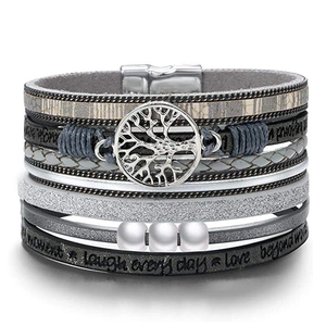 Tree Of Life Multi Layer Wrap Bracelet For Women Bohemian PU Leather Alloy Faux Artificial Pearl Magnetic Clasp Inspirational Quotes