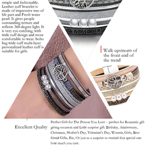 Detail view of multilayer leather bracelet featuring Tree of Life charm and pearl accents