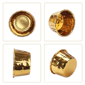 Detailed four-angle view of gold aluminum foil cupcake liners with pleated textures