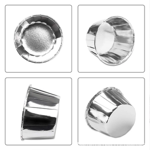 Silver aluminum foil cupcake liners muffin cups set shown from multiple angles