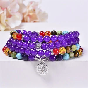 Bracciale Collana in Pietra Naturale Ametista Chakra Con Ciondolo Albero Della Vita Loto OM Gioielli Yoga Meditazione Uomo Donna