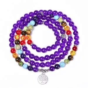 Bracciale mala 108 grani ametista con pietre chakra e ciondolo albero della vita