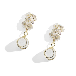 French shell flower earrings in gold finish with white beads and crystal accents