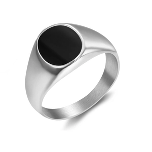 Modern silver stainless steel signet ring with a minimalist black circular inlay design