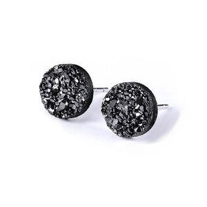S925 silver stud earrings with black round druzy crystal stone for men and women
