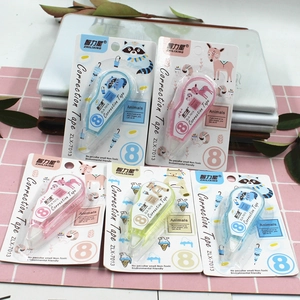 Detailed view of animal-themed correction tapes in blue, pink, and yellow packaging