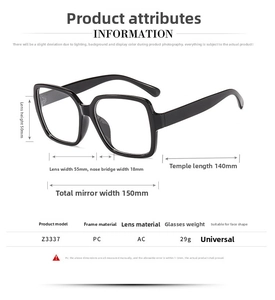 Detailed size specifications for square frame glasses showing 55mm lens width and 29g weight