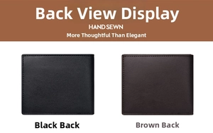 Detail showing the hand-sewn back of men's leather tri-fold wallets in black and brown colors
