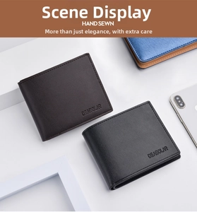 Close-up of hand-sewn leather wallets in black and brown with debossed branding