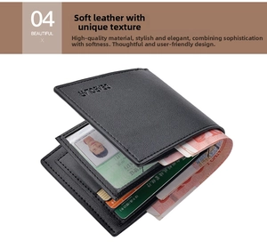 Detail view of the soft lychee grain texture and card slots on this men's tri-fold wallet