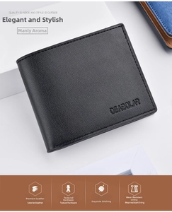 Close-up of litchi texture leather and embossed logo on men's bi-fold black wallet