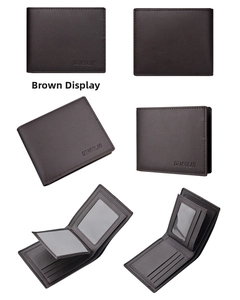 Detailed views of coffee brown leather bifold wallet with multi-card slots and ID window