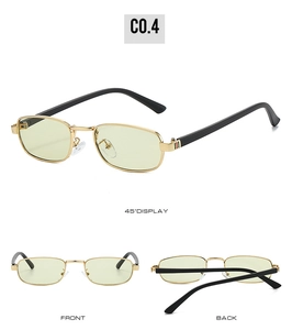 Detail view of gold metal rectangle sunglasses with light yellow lenses from three angles