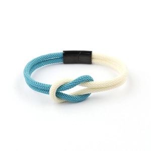 Handmade Milan rope bracelet in blue and beige with a magnetic clasp for couples