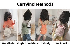 Sac à dos en peluche lapin pour enfants montrant quatre modes de port dont main et épaule