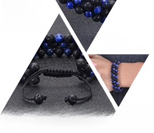 Detail of double-layer woven lava and lapis lazuli stone beads on adjustable bracelet