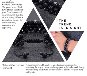 Macro detail of triple-layer black lava stone bracelet with adjustable braided cord