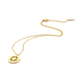 Gold plated stainless steel necklace with sun compass medallion on white background
