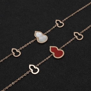 Elegant rose gold stainless steel gourd pendant necklace set with white and red shell inlay