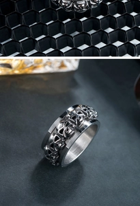 Detail view of silver stainless steel skull spinner ring in a punk gothic style for men