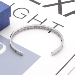 Minimalist silver stainless steel C-shaped cuff bracelet with inspirational engraving