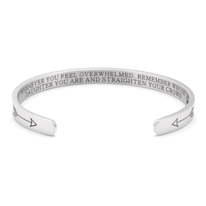 Polished silver stainless steel C-shaped cuff bracelet with inspirational engraving