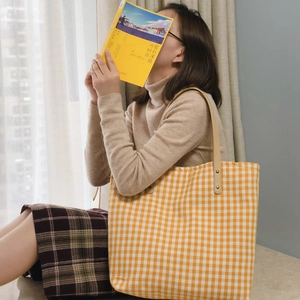 Borsa tote stile giapponese a quadretti con manici in pelle e motivo vichy arancione