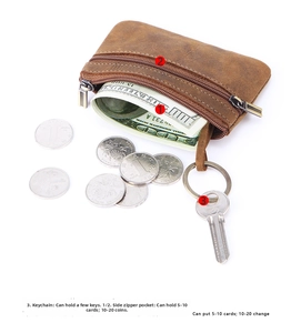Detailed view of brown crazy horse leather coin purse with key ring and card compartments