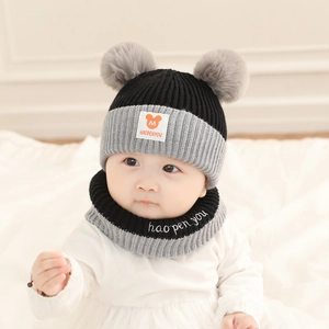 Winter knitted baby hat and scarf set with dual grey pompoms and warm fleece lining