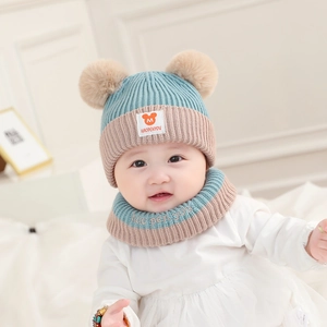 Winter knitted baby hat and scarf set with dual pom-poms in teal and khaki