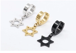 Three-color stainless steel hoop earrings with hexagonal star pendants in gold, silver, black