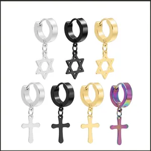 Stainless Steel Dangle Hoop Earring Cross Hexagram Star Pendant Punk Hip Hop Unisex Jewelry Non Fading