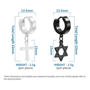 Titanium steel hoop earrings with silver cross and black star of David pendants for men