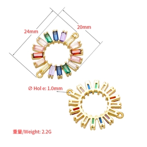 Rainbow cubic zirconia circle connector pendant in gold-plated brass for jewelry making