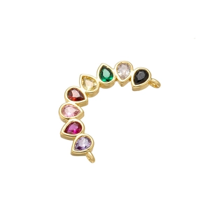 Macro view of gold plated micro pave rainbow zircon curved connector with teardrop stones