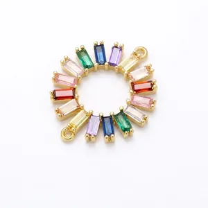 Detailed view of rainbow zircon connector in gold-plated brass with dimensions shown