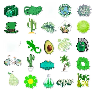 Collection of green VSCO style waterproof stickers featuring plants and lifestyle icons