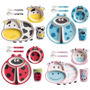 Bamboo fiber kids tableware set featuring cartoon cow and ladybug designs with dividers