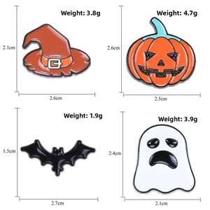 Detail view of Halloween enamel pins set showing exact dimensions and weight for each badge