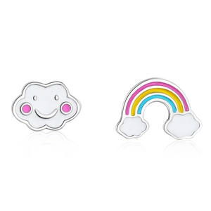 Simpatici Orecchini a Bottone Asimmetrici Nuvola Arcobaleno Rame Smalto Viso Sorridente Gioielli Colorati Con Perno in Argento Sterling 925 per Donna