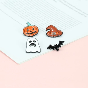 Halloween enamel pin set featuring ghost pumpkin wizard hat and bat designs for bags