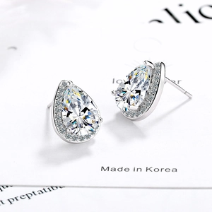 Elegant pear shaped zircon stud earrings with silver plating and halo pave setting