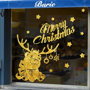 Christmas Wall Stickers Gold Glitter Merry Christmas Reindeer Bear Stars Window Clings Waterproof Removable Festive Decor