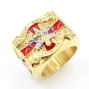 Men's gold masonic crown ring with red cross enamel and sparkling crystal stones