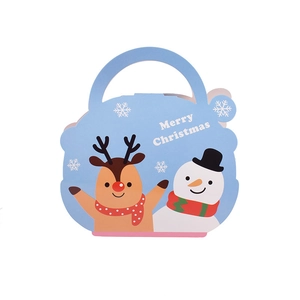 Blue Christmas gift box with reindeer and snowman prints and 'Merry Christmas' text