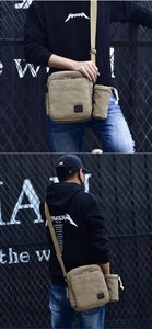 Front and back views of a khaki canvas crossbody bag with detachable water bottle pouch