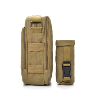 Tactical khaki canvas crossbody bag with MOLLE webbing and utility attachment pouch