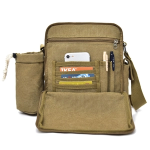Khaki canvas multi-pocket messenger bag with adjustable strap and side bottle holder