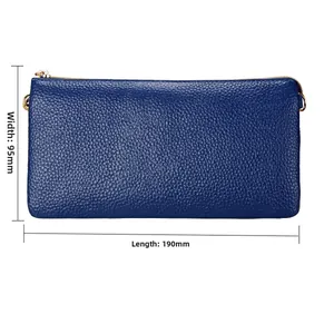 Royal blue leather crossbody bag with pebble grain texture and 190mm length measurement